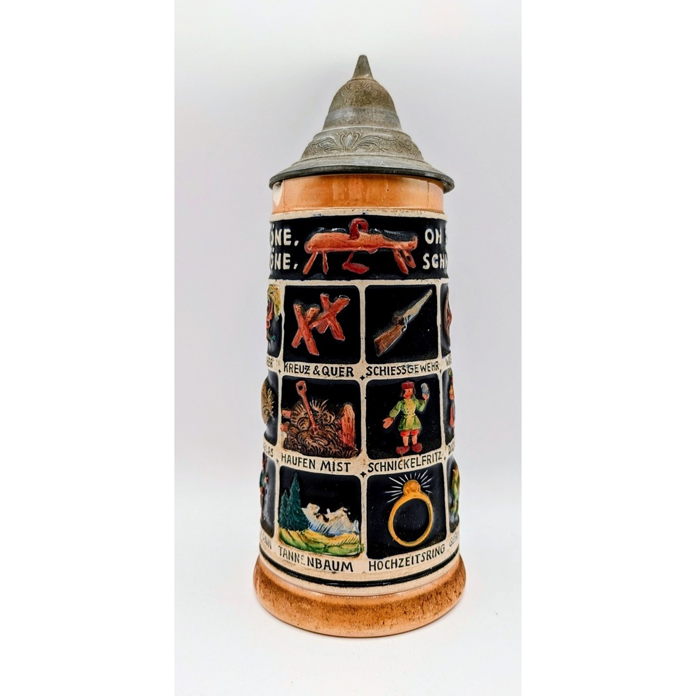 Vintage German Schnitzelbank Beer Stein Lidded Stoneware Mug Relief Folk Art - Picture 4 of 13